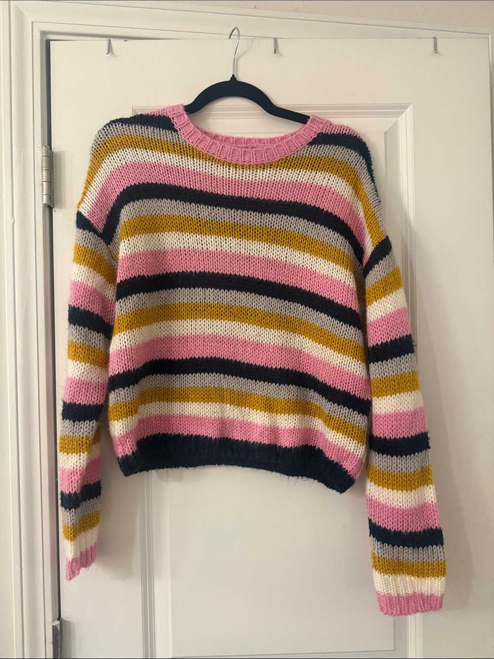 Striped Pink and Mustard Crewneck Women's Sweater